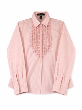 Ralph Lauren Petite Pink Stripe Ruffle Front Button Down Blouse Small